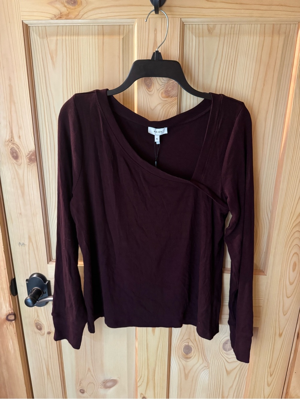 Reiss Long-Sleeve Asymmetric Neck Tee in Burgundy